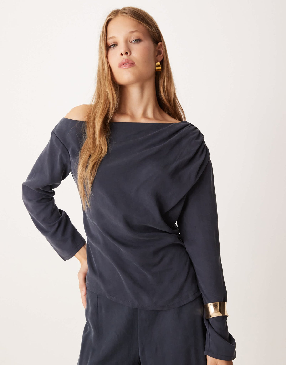 ASOS DESIGN soft asymmetric top co-ord with ruched detail in washed ink - ASOS Sample Sale