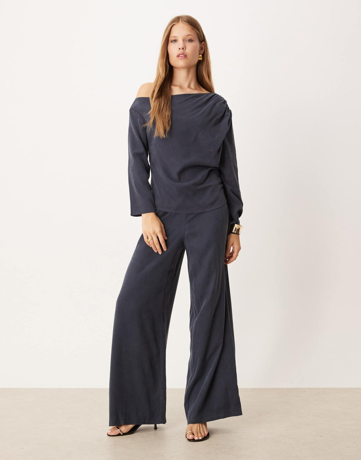 ASOS DESIGN soft asymmetric top co-ord with ruched detail in washed ink - ASOS Sample Sale