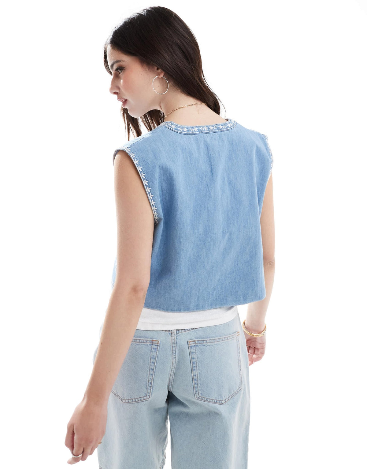 ASOS DESIGN soft denim embroidery waistcoat in mid blue - ASOS Sample Sale