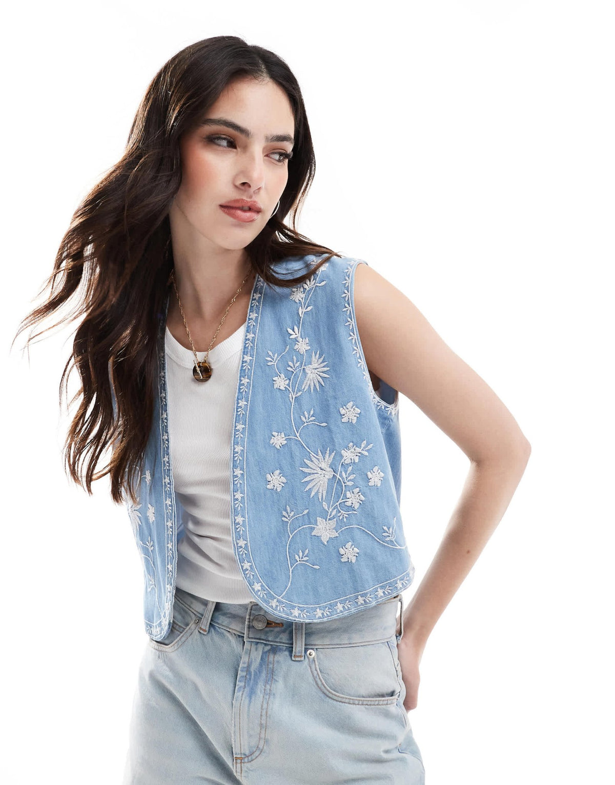 ASOS DESIGN soft denim embroidery waistcoat in mid blue - ASOS Sample Sale