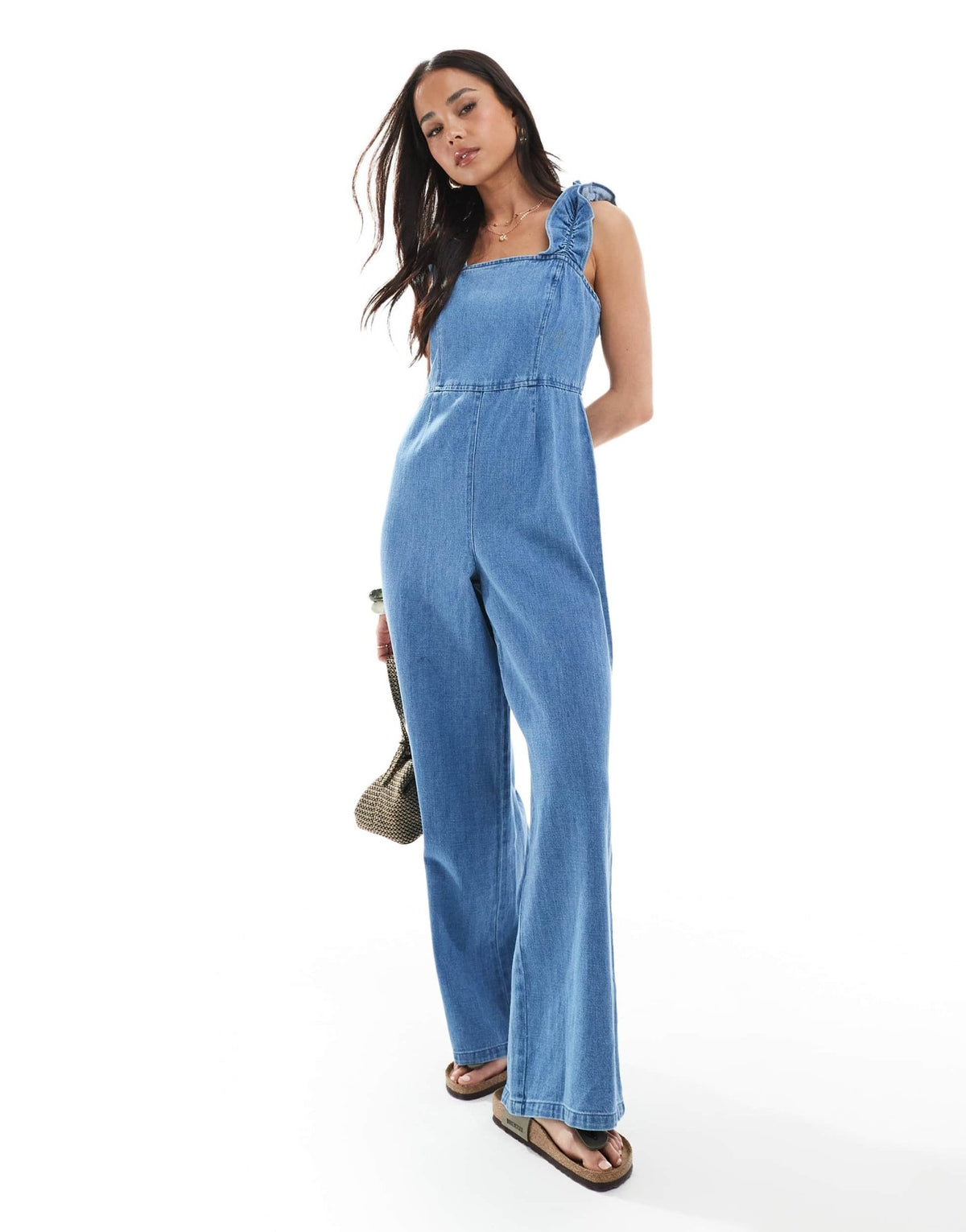 ASOS DESIGN soft denim jumpsuit with frill strap in light blue - ASOS Sample Sale