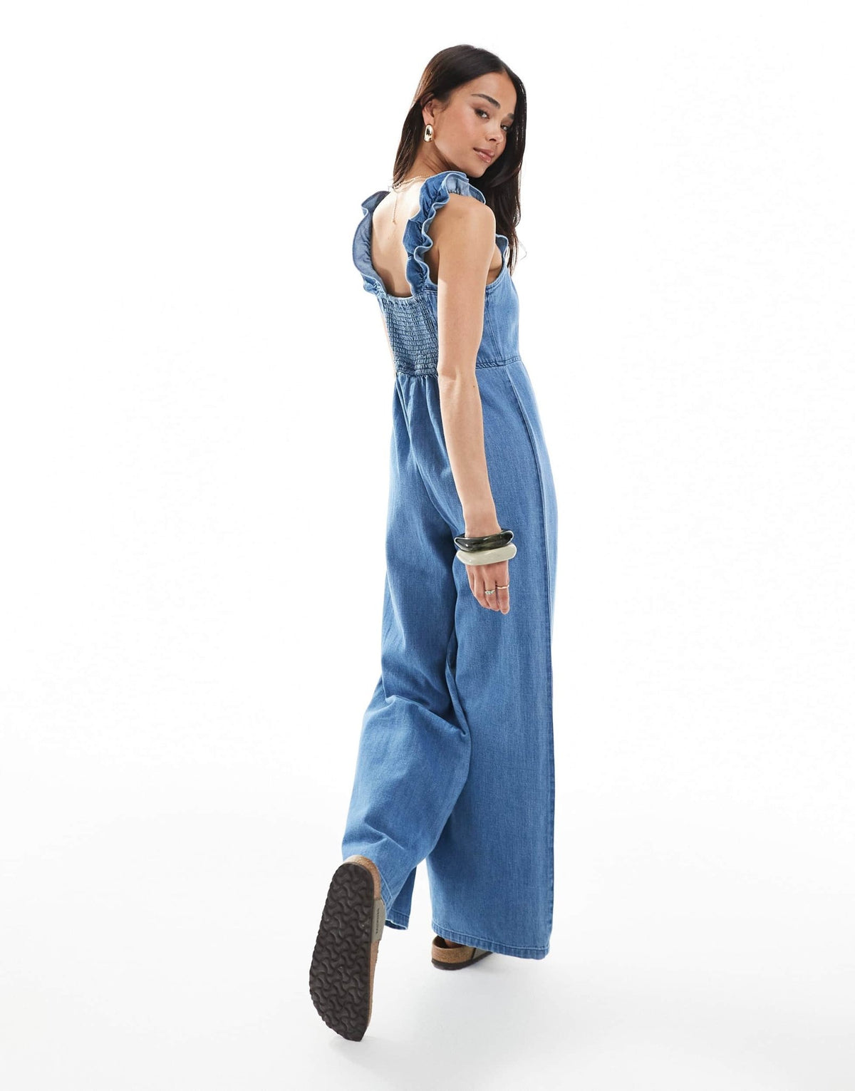 ASOS DESIGN soft denim jumpsuit with frill strap in light blue - ASOS Sample Sale