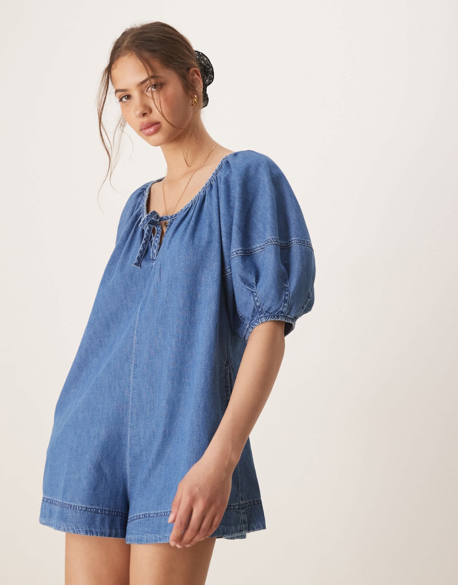 ASOS DESIGN soft denim playsuit with balloon sleeves in midwash blue - ASOS Sample Sale