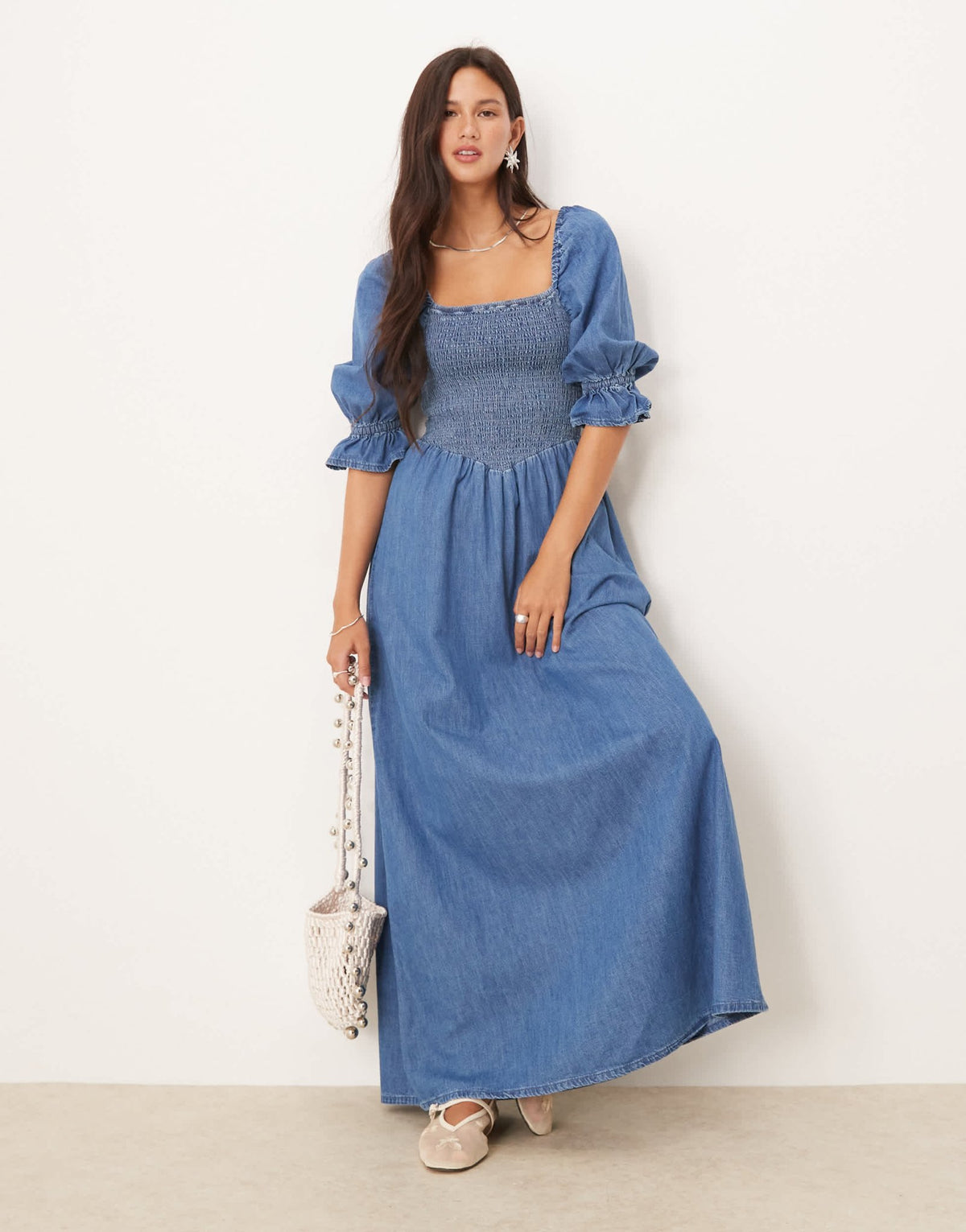 ASOS DESIGN soft denim puff sleeve maxi dress with shirring in midwash - ASOS Sample Sale