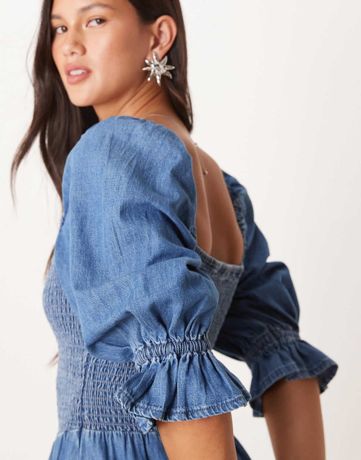 ASOS DESIGN soft denim puff sleeve maxi dress with shirring in midwash - ASOS Sample Sale