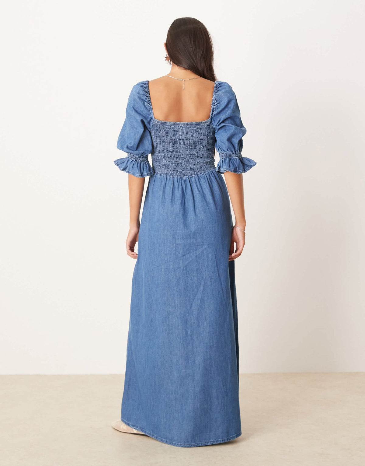 ASOS DESIGN soft denim puff sleeve maxi dress with shirring in midwash - ASOS Sample Sale