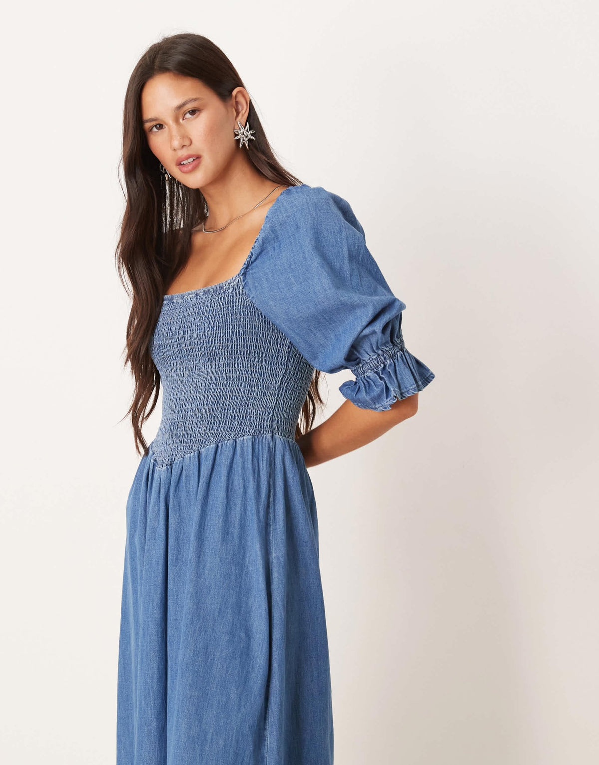 ASOS DESIGN soft denim puff sleeve maxi dress with shirring in midwash - ASOS Sample Sale