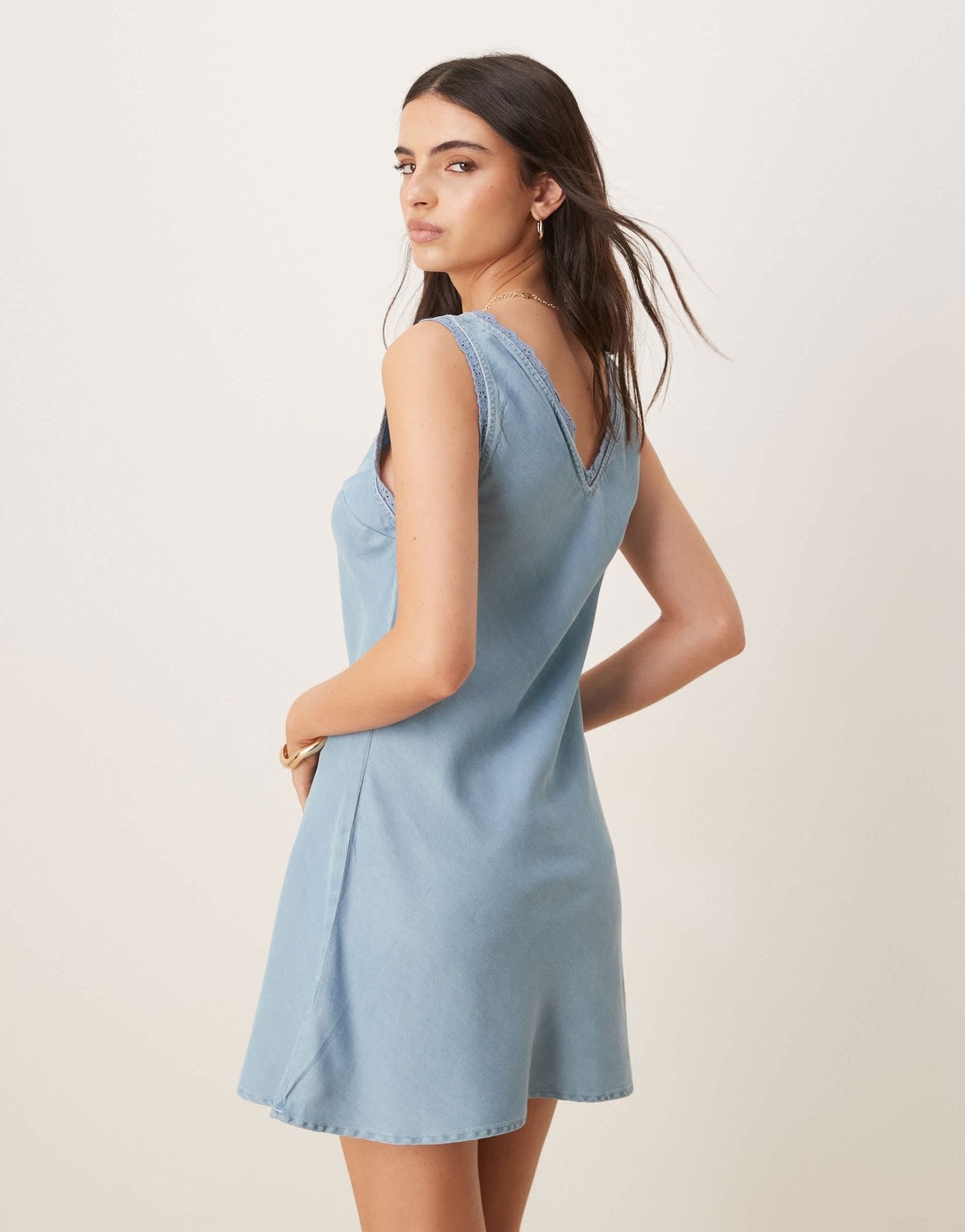 ASOS DESIGN soft denim sleeveless mini dress with lace trim in light blue - ASOS Sample Sale