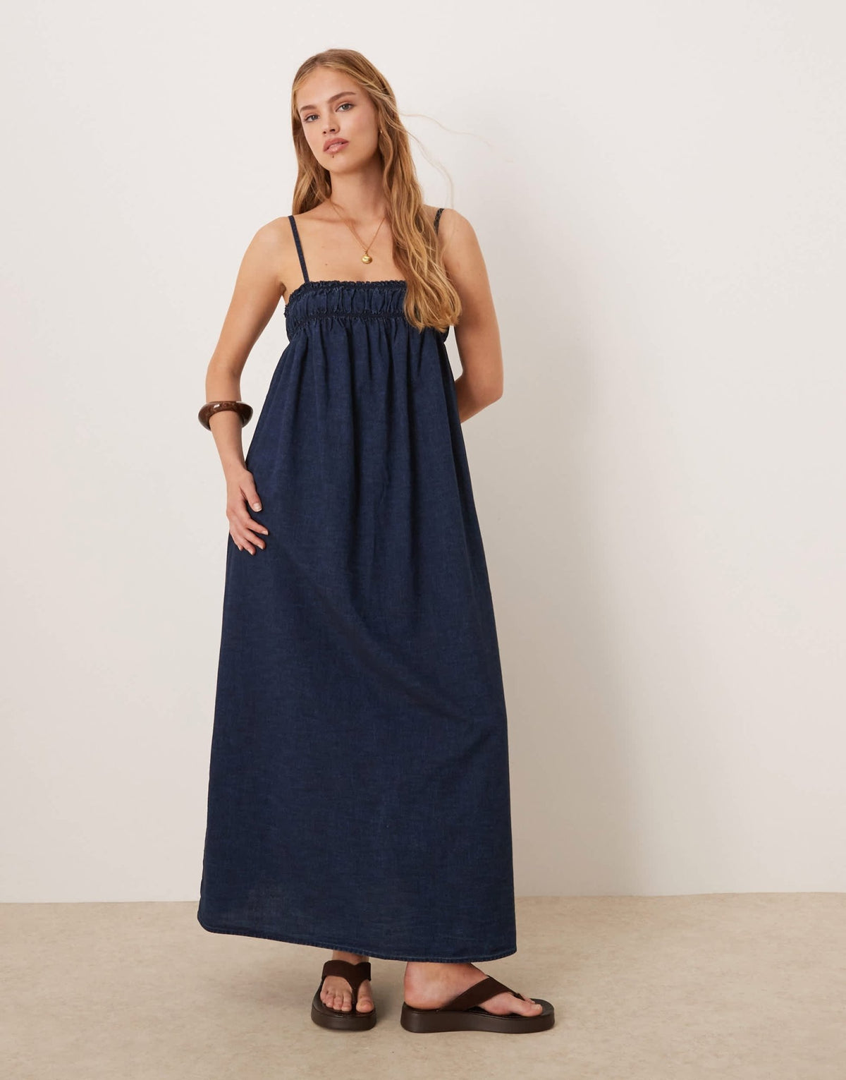 ASOS DESIGN soft denim smock maxi dress with shirring bust in rinse - ASOS Sample Sale