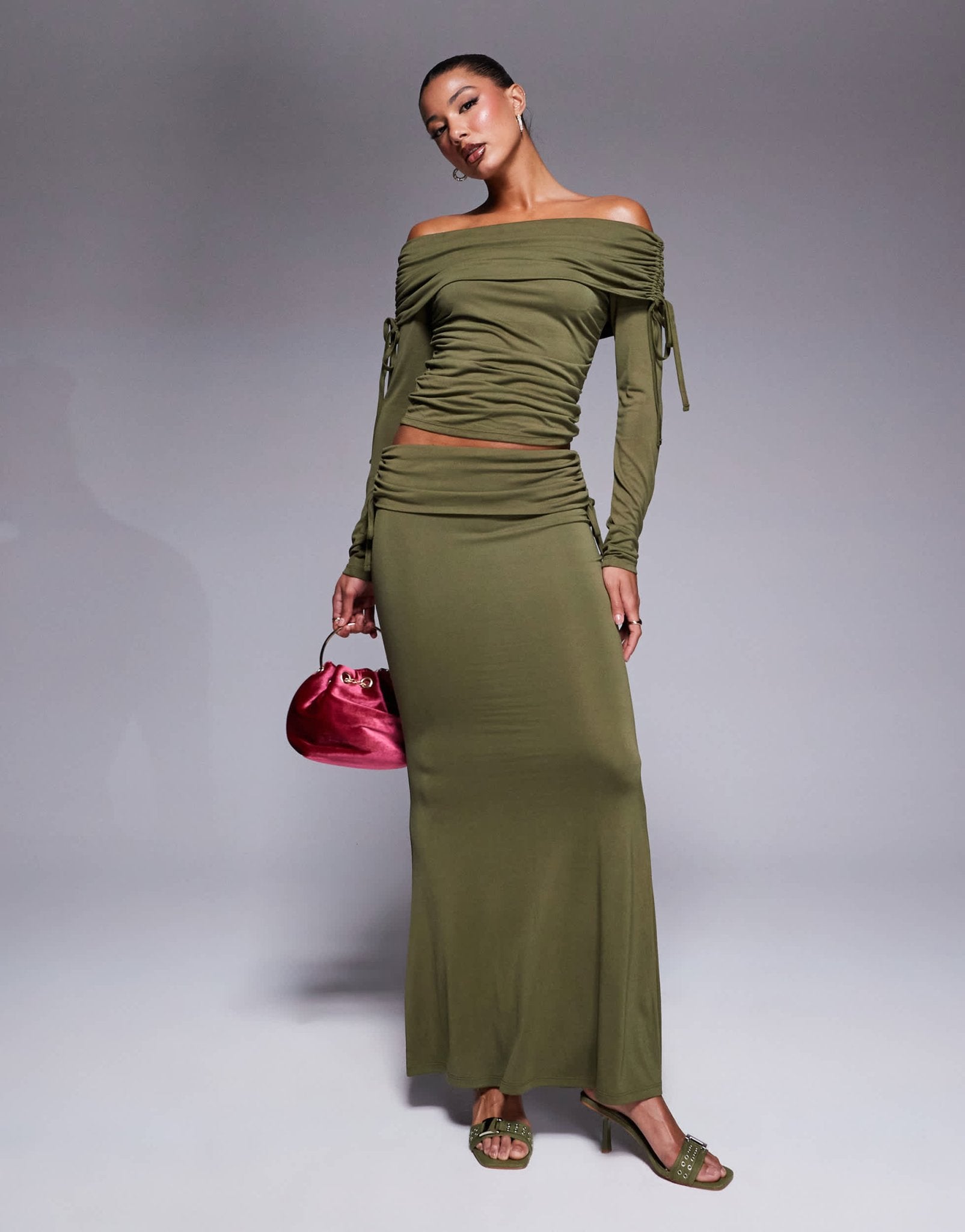 ASOS DESIGN soft handle off shoulder ruched long sleeve top in olive - ASOS Sample Sale