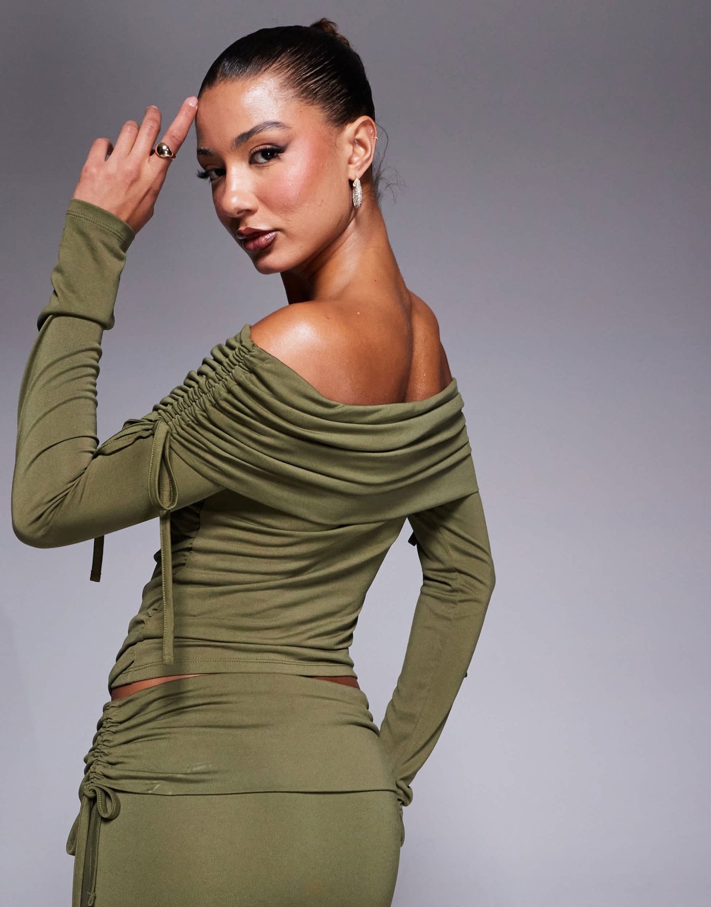 ASOS DESIGN soft handle off shoulder ruched long sleeve top in olive - ASOS Sample Sale