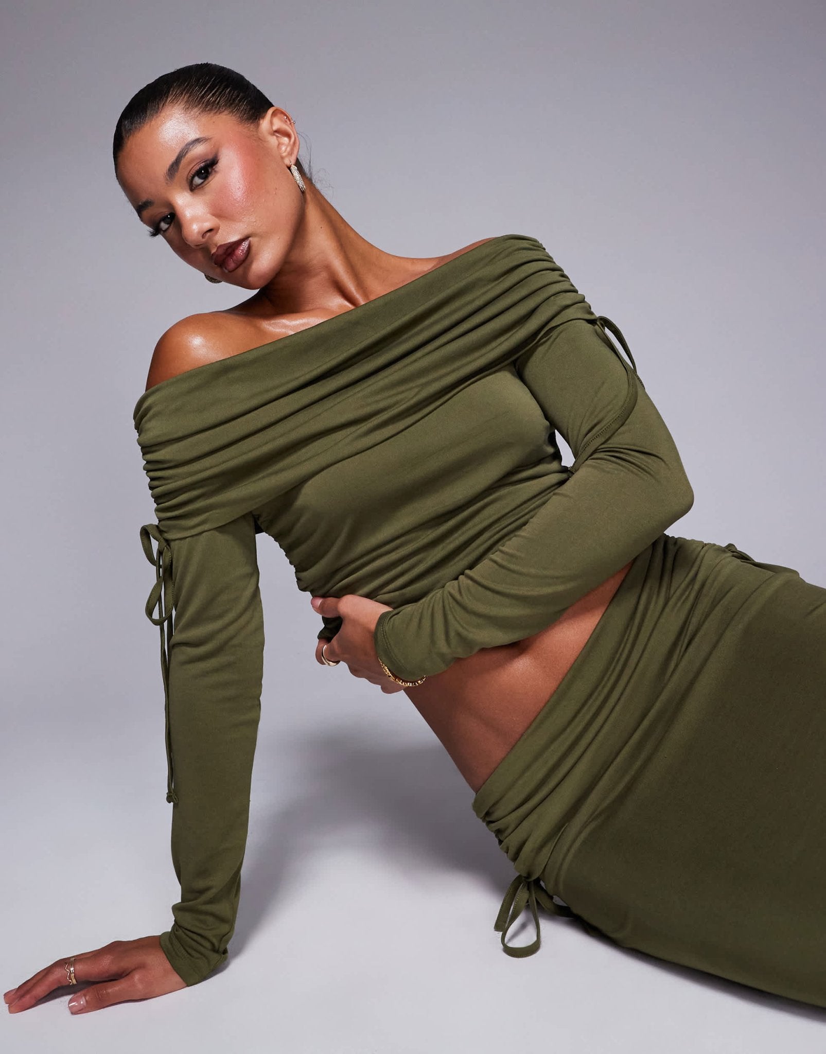 ASOS DESIGN soft handle off shoulder ruched long sleeve top in olive - ASOS Sample Sale