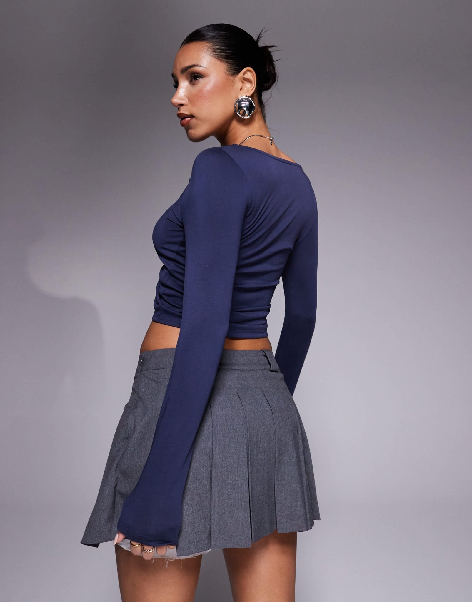 ASOS DESIGN soft handle wide long sleeve top with front asymmetric ruching in ink - ASOS Sample Sale