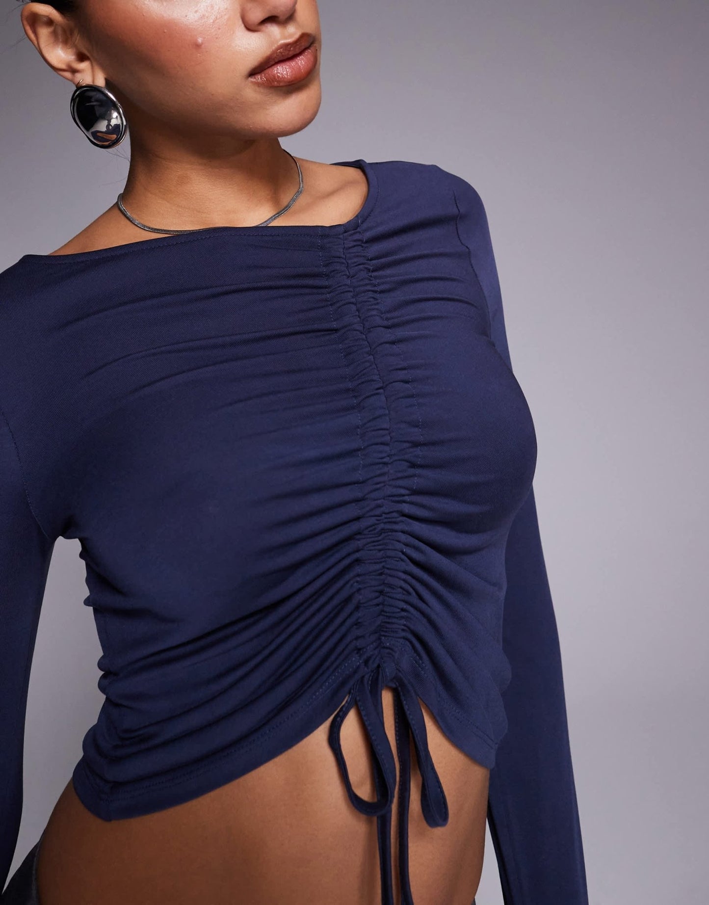 ASOS DESIGN soft handle wide long sleeve top with front asymmetric ruching in ink - ASOS Sample Sale