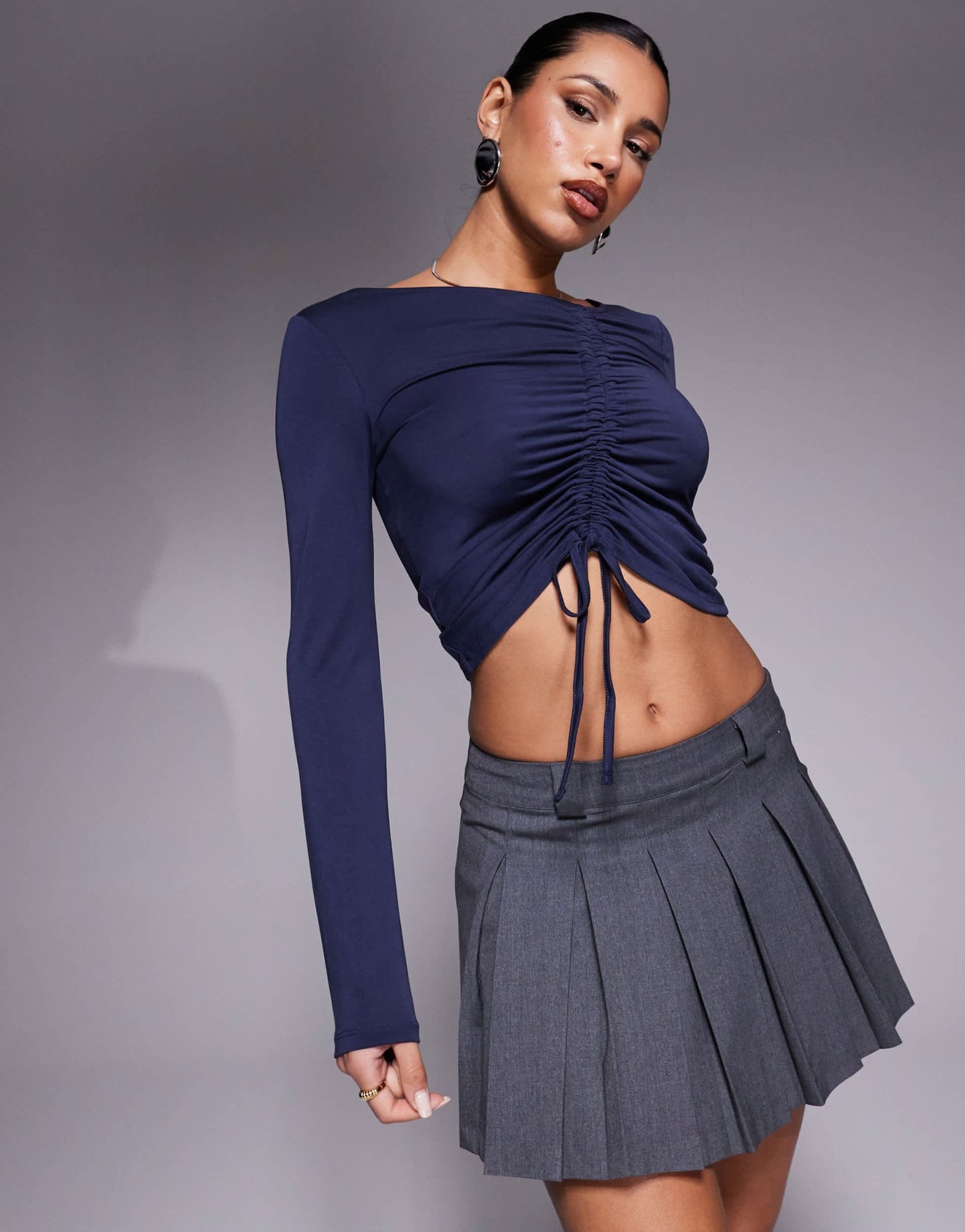 ASOS DESIGN soft handle wide long sleeve top with front asymmetric ruching in ink - ASOS Sample Sale