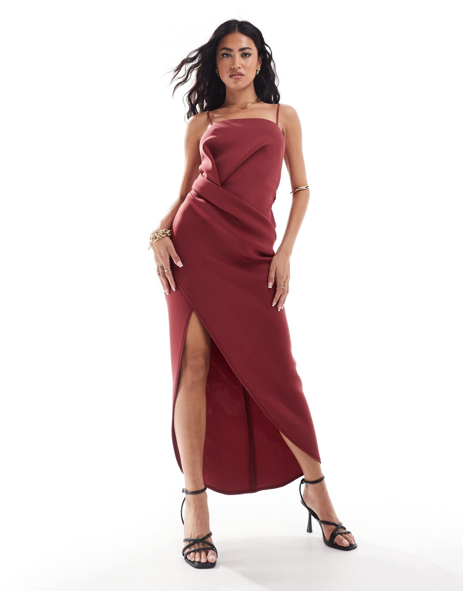 ASOS DESIGN soft manipulated square neck cami midi dress with wrap skirt in dark red - ASOS Sample Sale