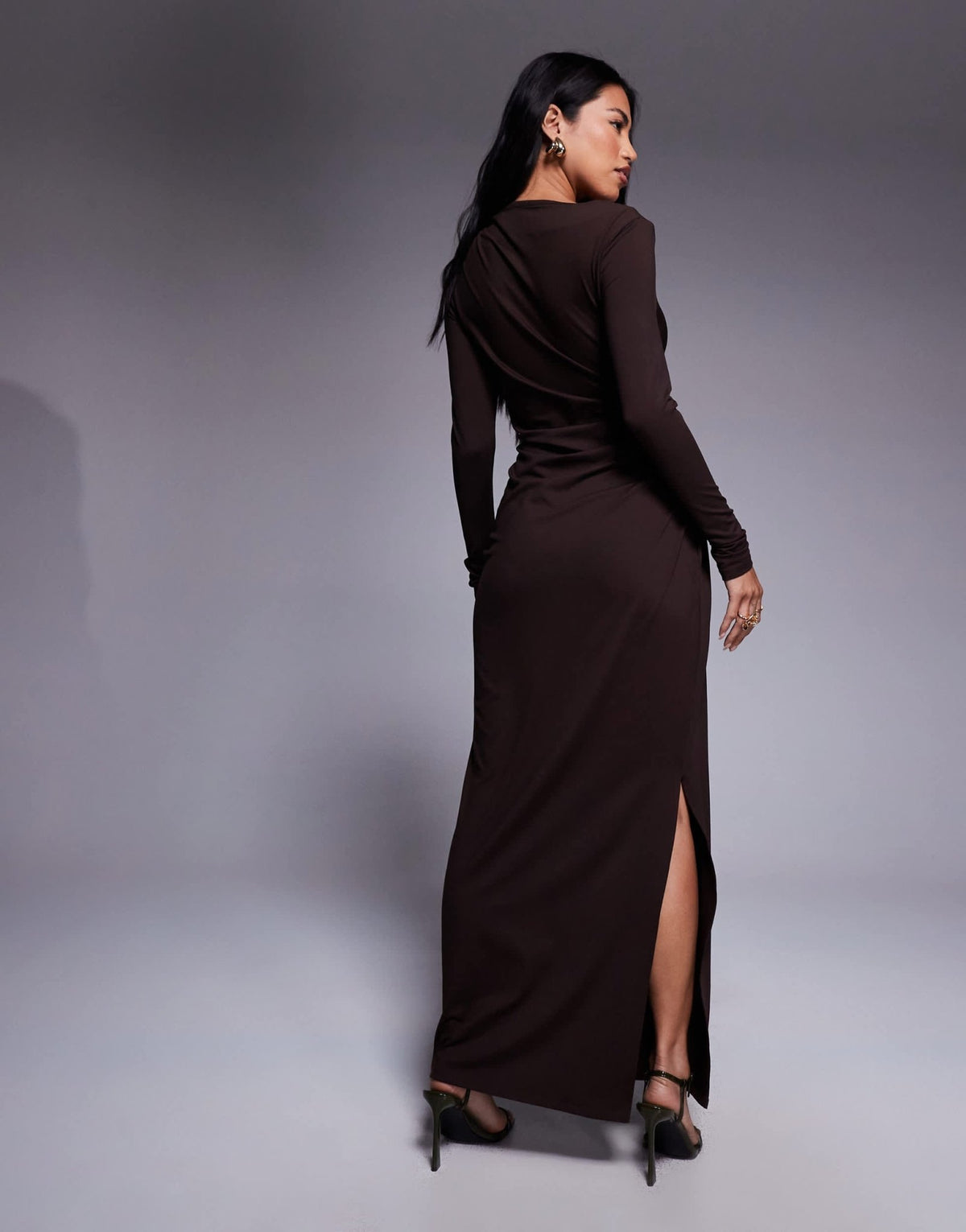 ASOS DESIGN soft touch long sleeve drape maxi dress in chocolate - ASOS Sample Sale