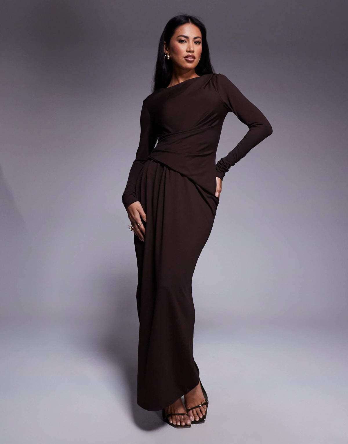 ASOS DESIGN soft touch long sleeve drape maxi dress in chocolate - ASOS Sample Sale