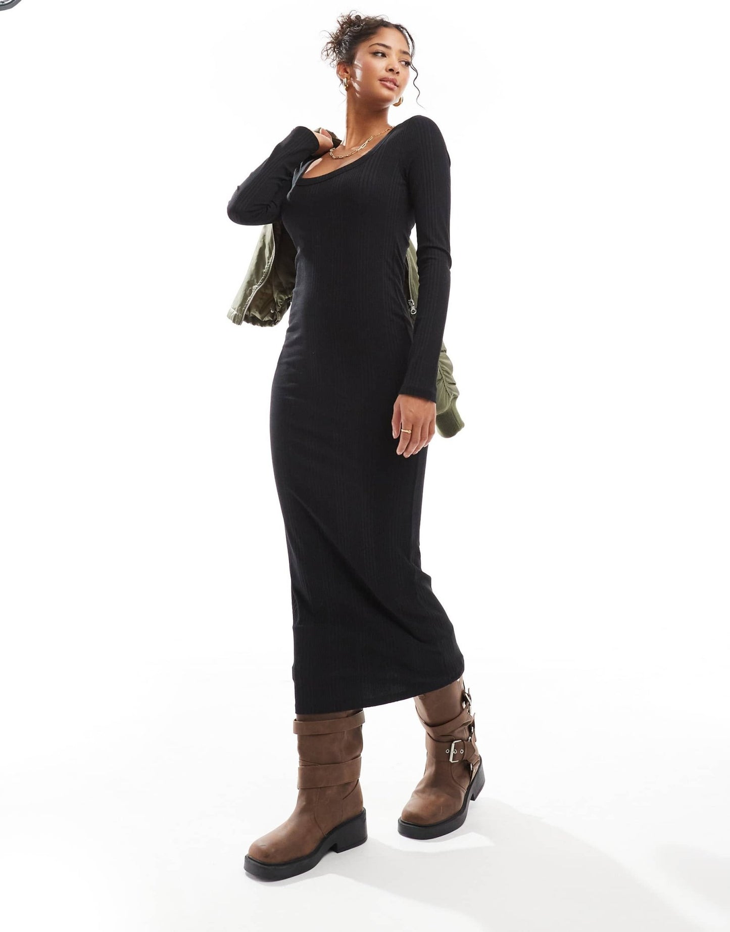ASOS DESIGN spaced ribbed long sleeve scoop midi dress in black - ASOS Sample Sale