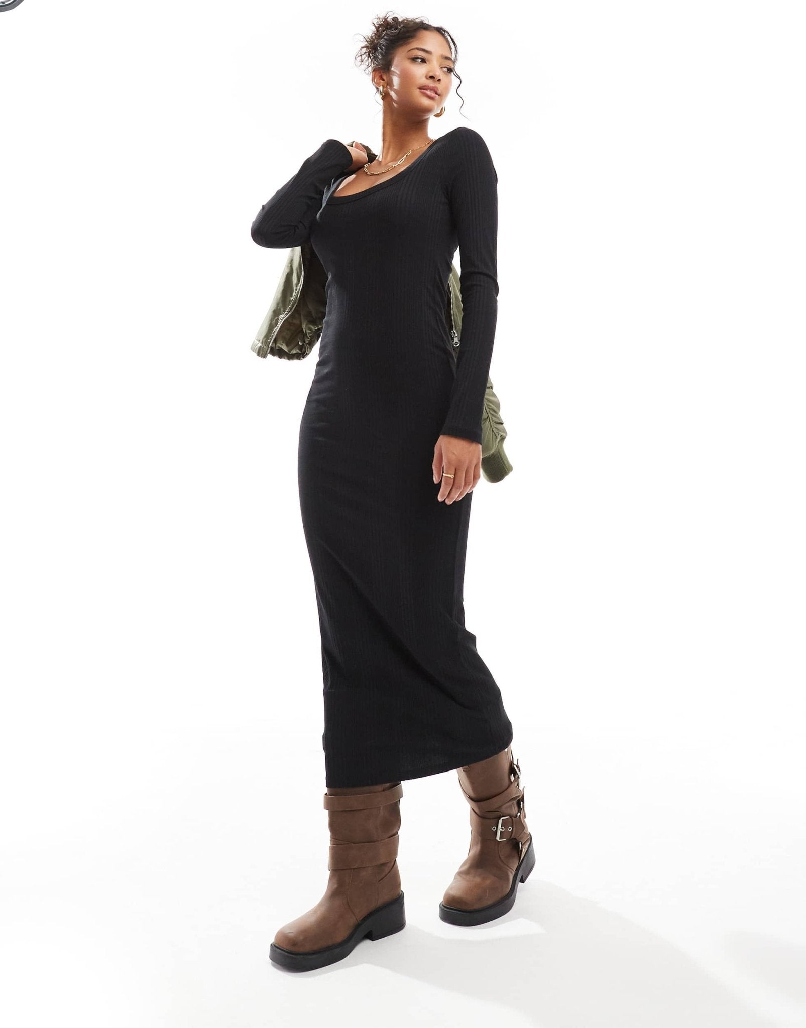 ASOS DESIGN spaced ribbed long sleeve scoop midi dress in black - ASOS Sample Sale