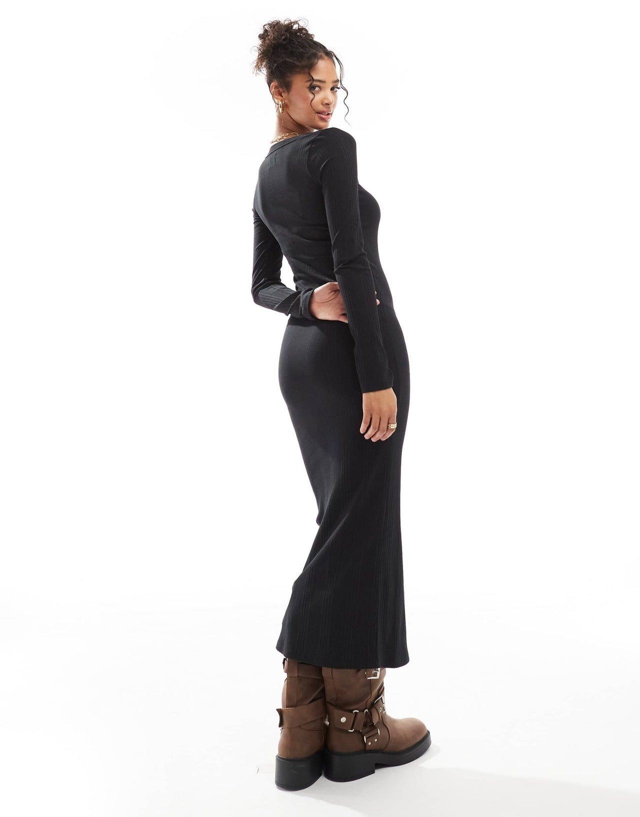 ASOS DESIGN spaced ribbed long sleeve scoop midi dress in black - ASOS Sample Sale