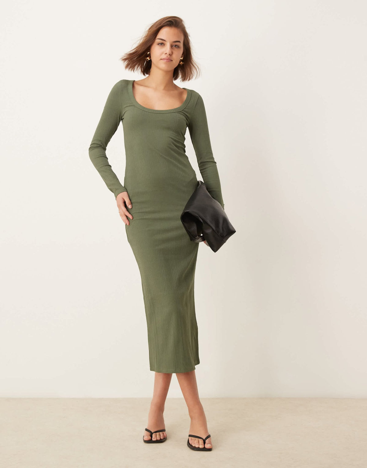 ASOS DESIGN spaced ribbed long sleeve scoop midi dress in olive green - ASOS Sample Sale