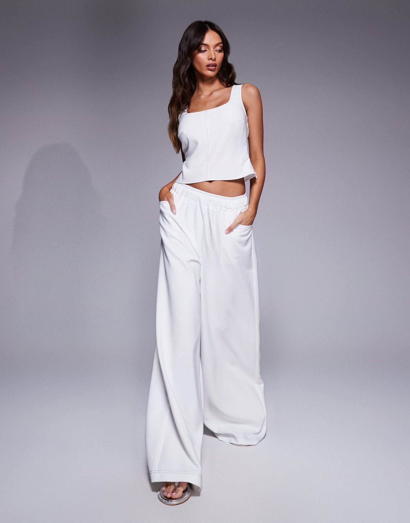 ASOS DESIGN square neck contrast stitching co-ord top in white - ASOS Sample Sale