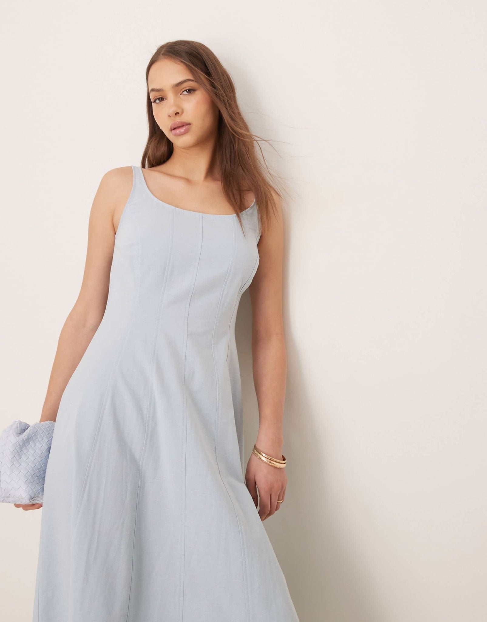 ASOS DESIGN square neck cotton linen maxi dress with seam detail in washed blue - ASOS Sample Sale