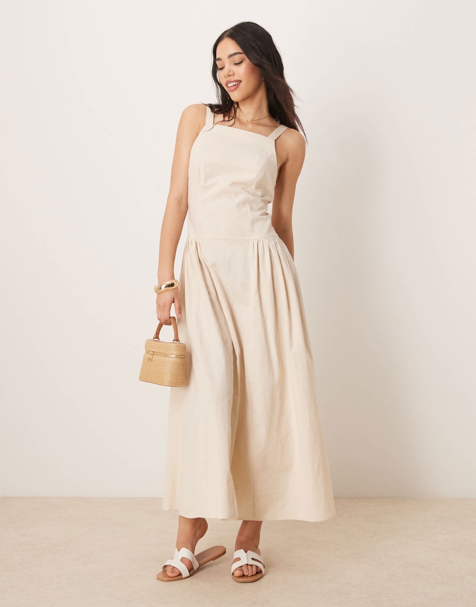ASOS DESIGN square neck dropped waist midi sundress in oatmeal - ASOS Sample Sale