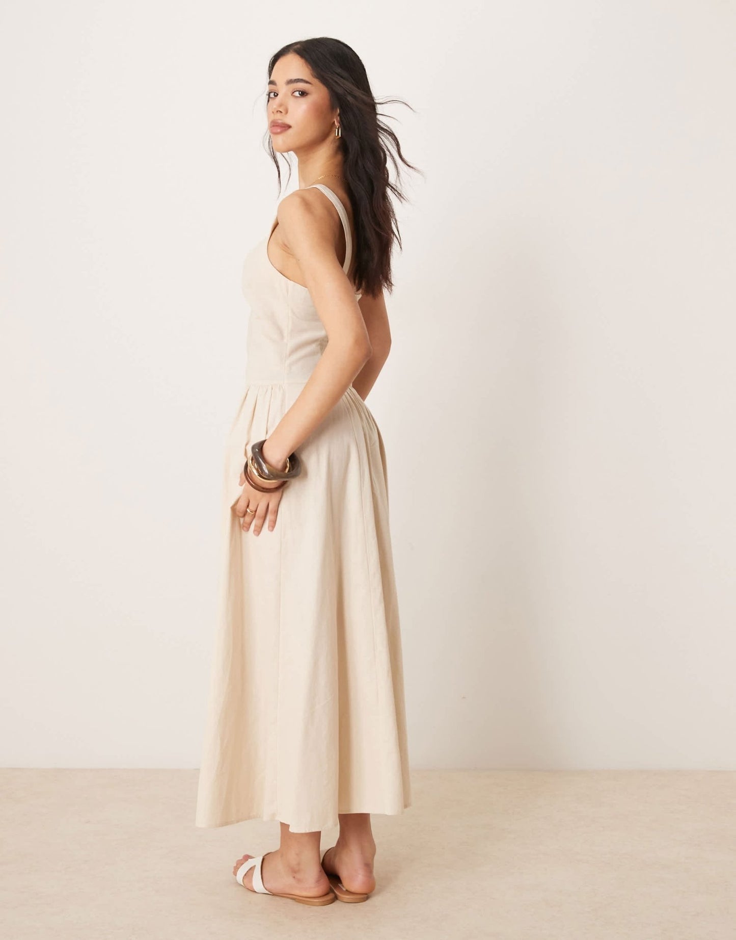 ASOS DESIGN square neck dropped waist midi sundress in oatmeal - ASOS Sample Sale