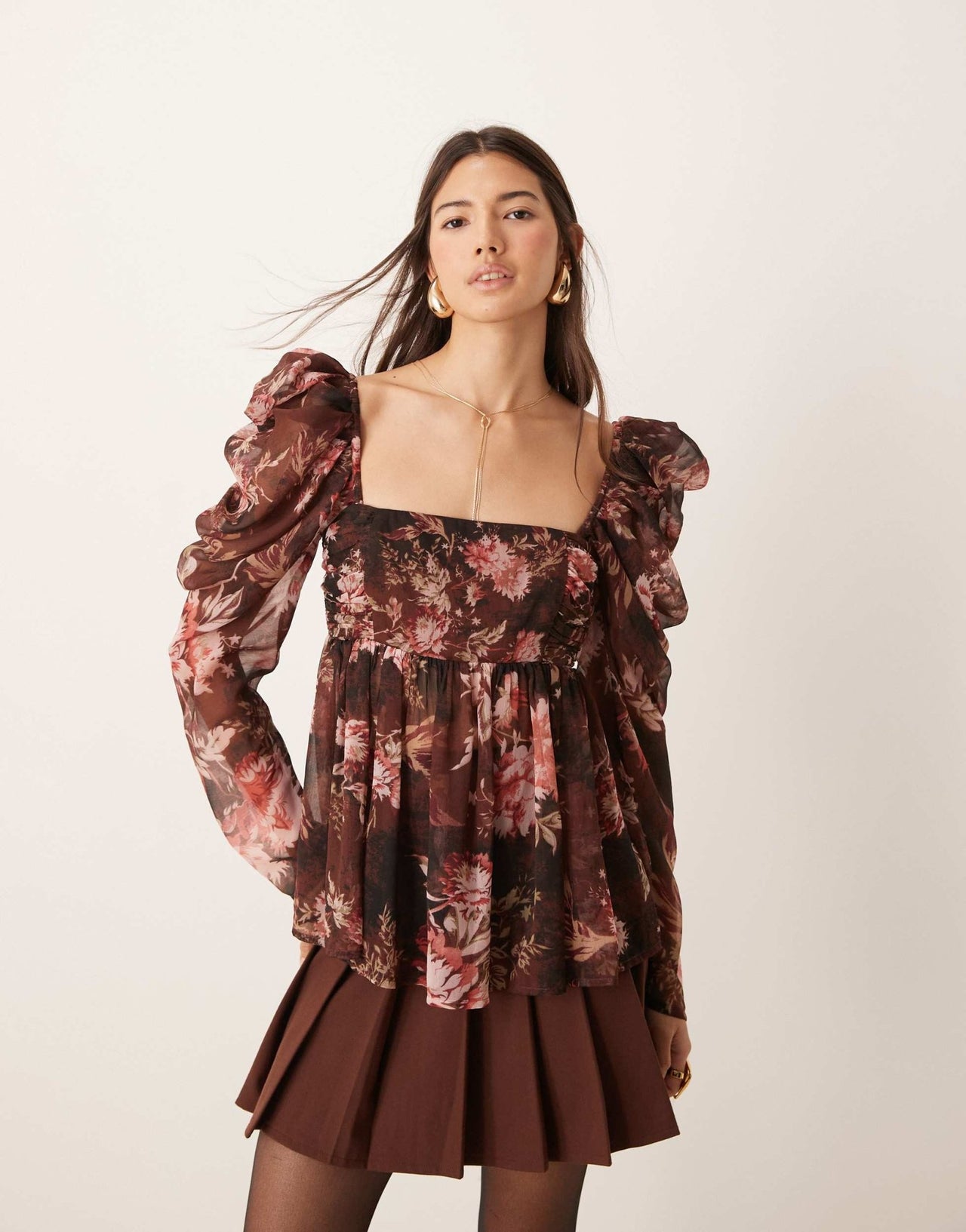 ASOS DESIGN square neck floaty chiffon long sleeve top in floral print - ASOS Sample Sale