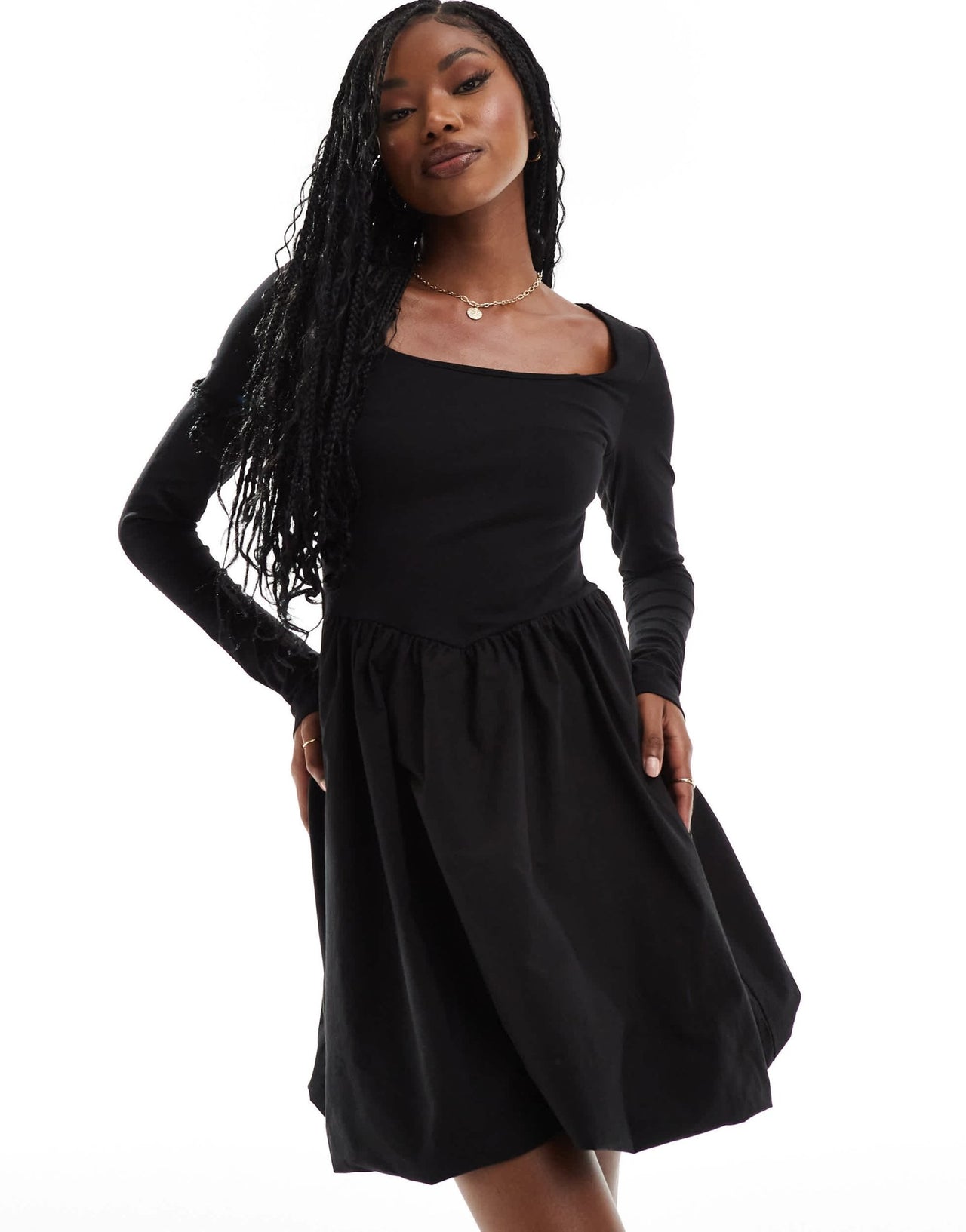 ASOS DESIGN square neck long sleeve mini dress with bubble hem in black - ASOS Sample Sale