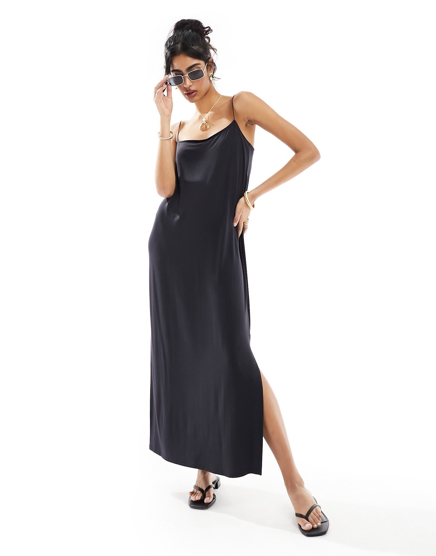 ASOS DESIGN square neck midaxi dress cami with spaghetti strap in black - BLACK - ASOS Sample Sale