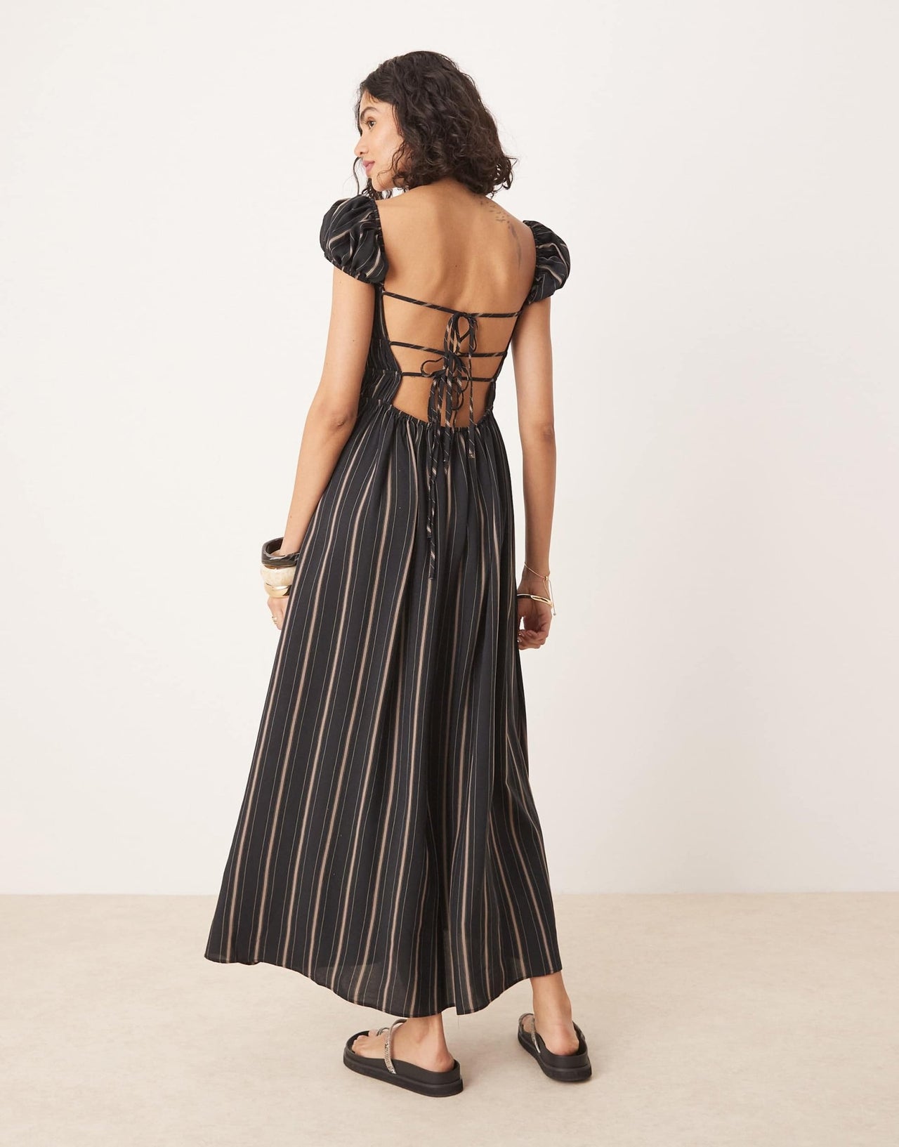 ASOS DESIGN square neck midi dress with cinched channel waist in stripe - ASOS Sample Sale