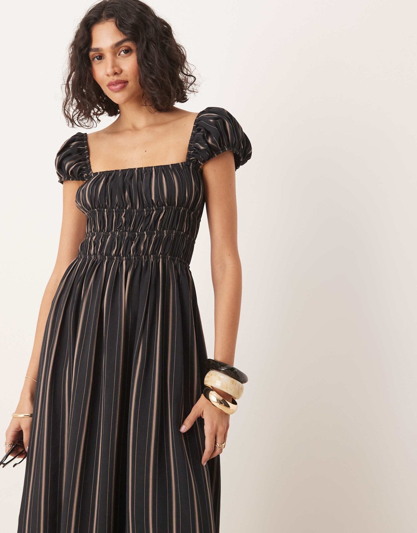 ASOS DESIGN square neck midi dress with cinched channel waist in stripe - ASOS Sample Sale