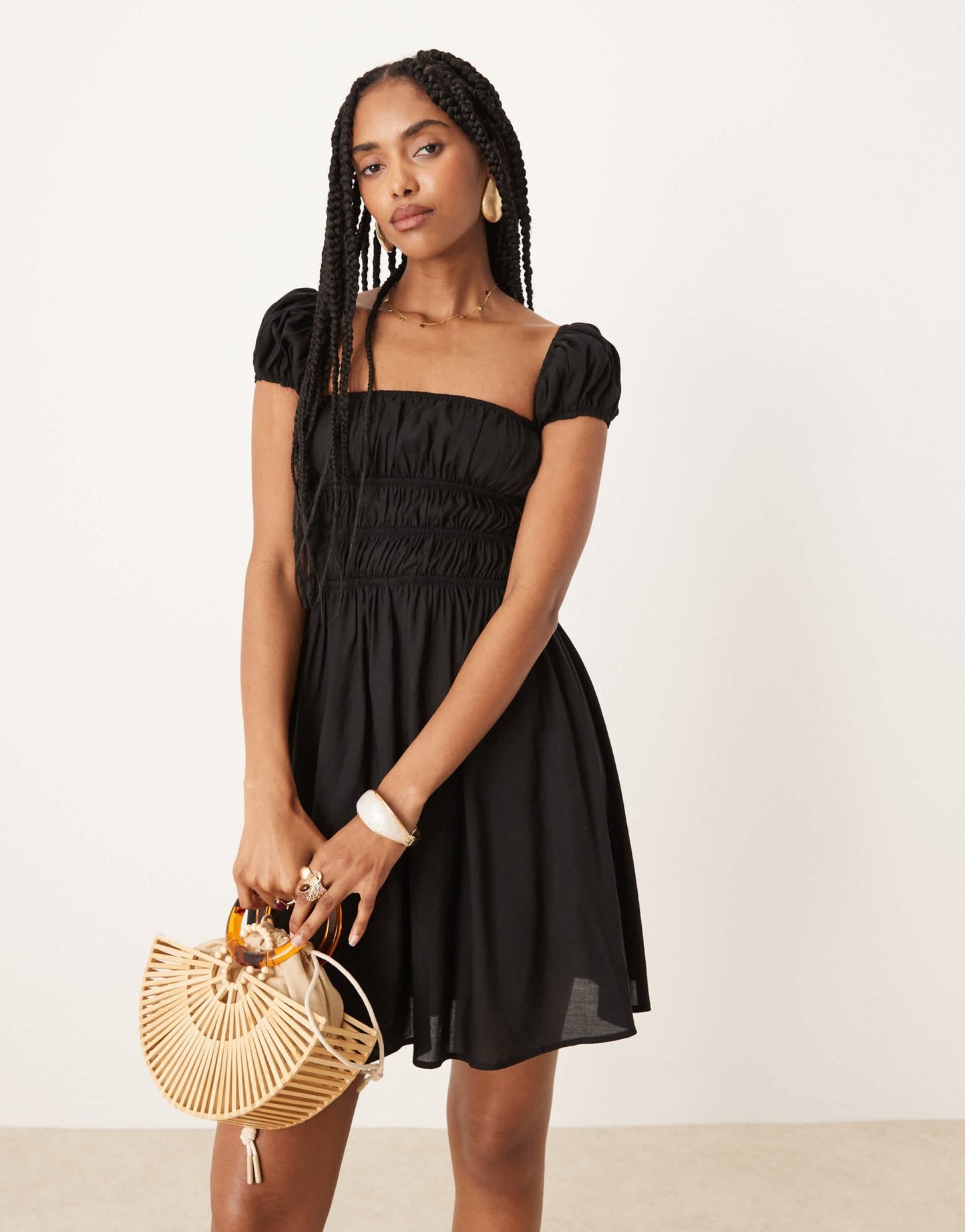 ASOS DESIGN square neck mini dress with cinched channel waist in black - ASOS Sample Sale