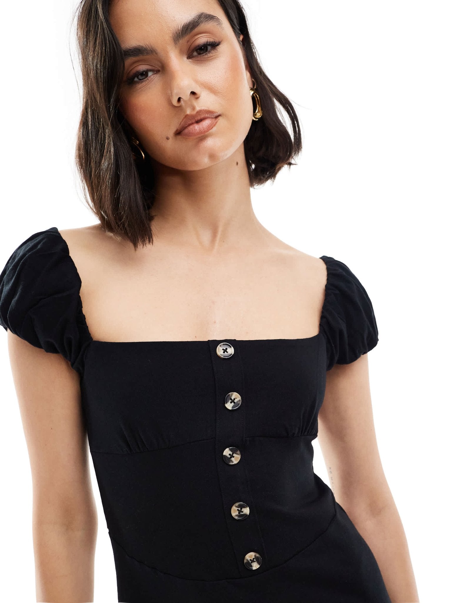 ASOS DESIGN square neck mini dress with puff sleeve and button front in black - ASOS Sample Sale