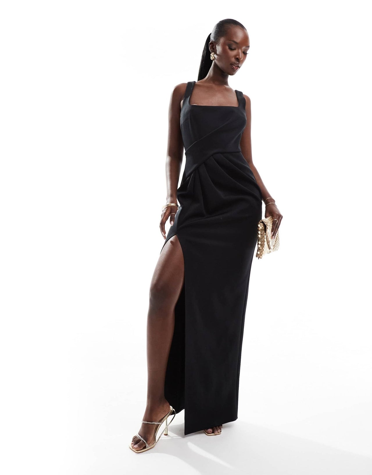 ASOS DESIGN square neck pleat detail maxi dress in black - ASOS Sample Sale