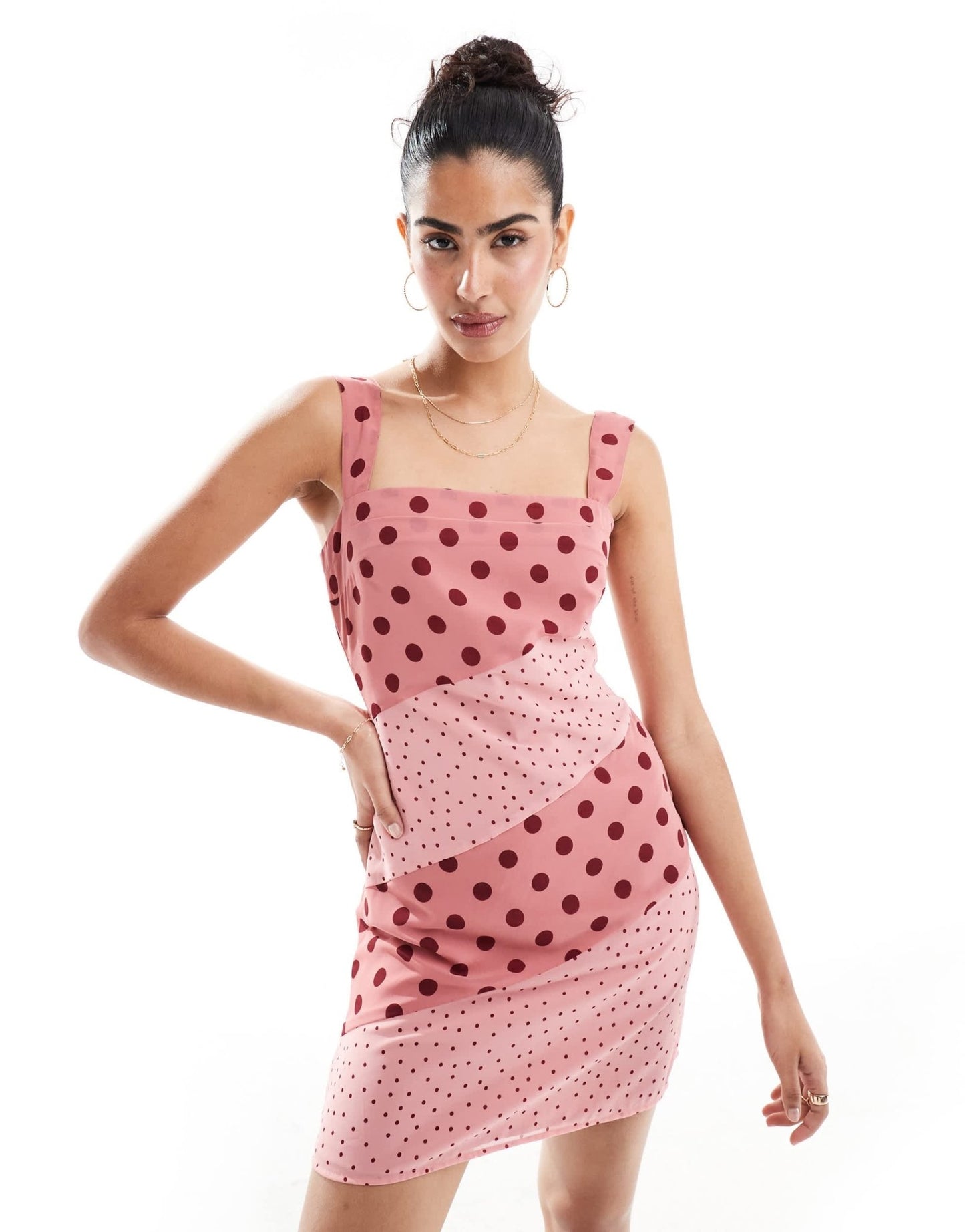 ASOS DESIGN square neck pleated chiffon mini dress in pink spot print - ASOS Sample Sale
