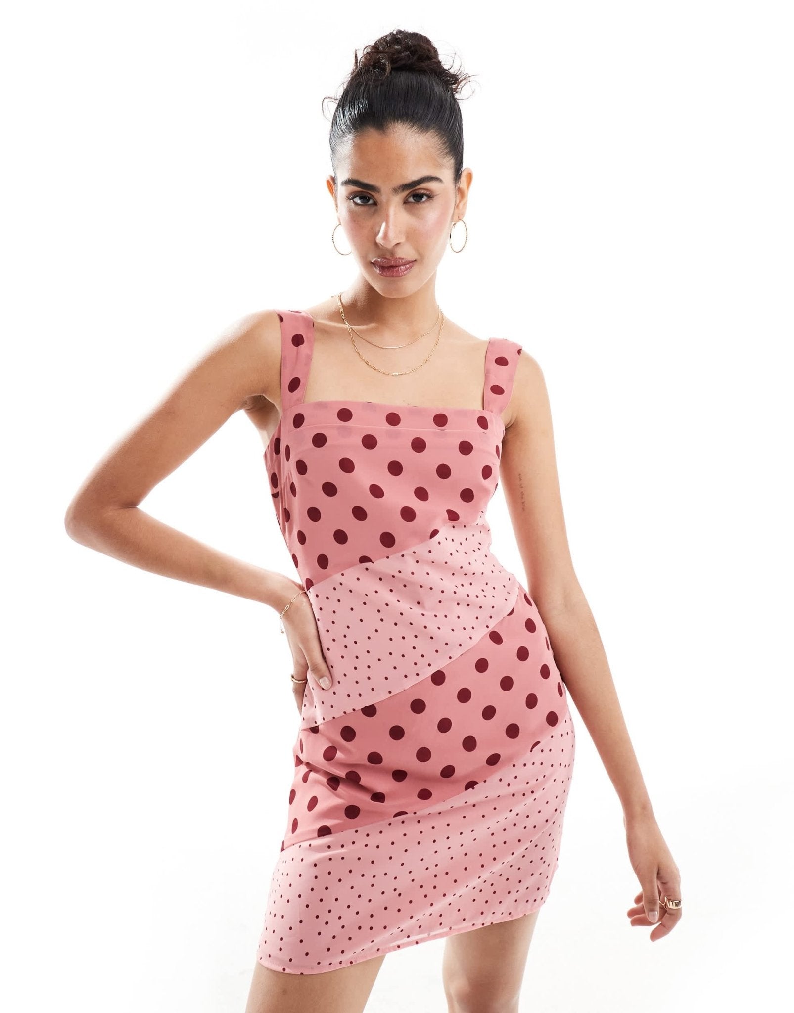 ASOS DESIGN square neck pleated chiffon mini dress in pink spot print - ASOS Sample Sale