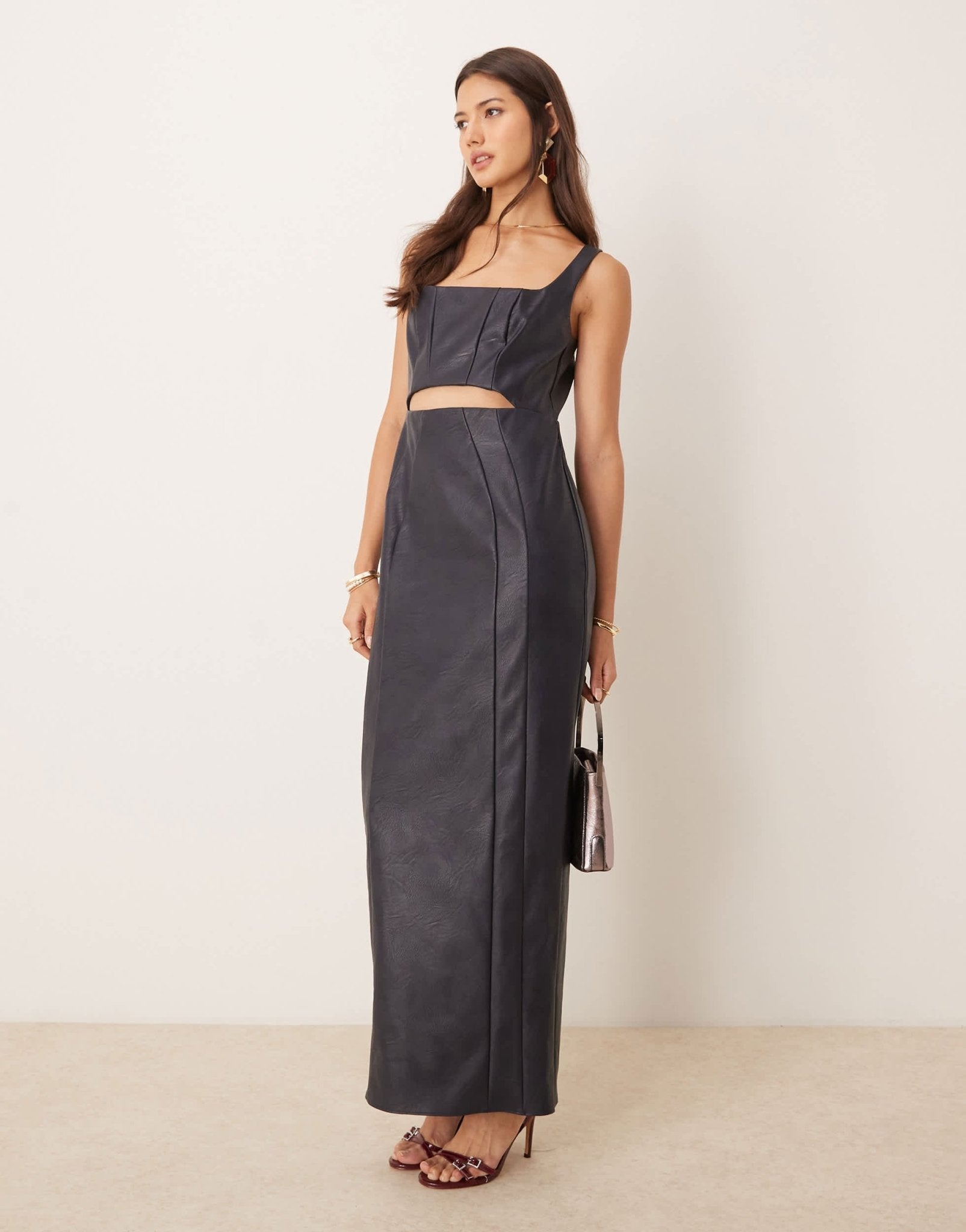ASOS DESIGN square neck PU pencil maxi dress with cut out in midnight blue - ASOS Sample Sale