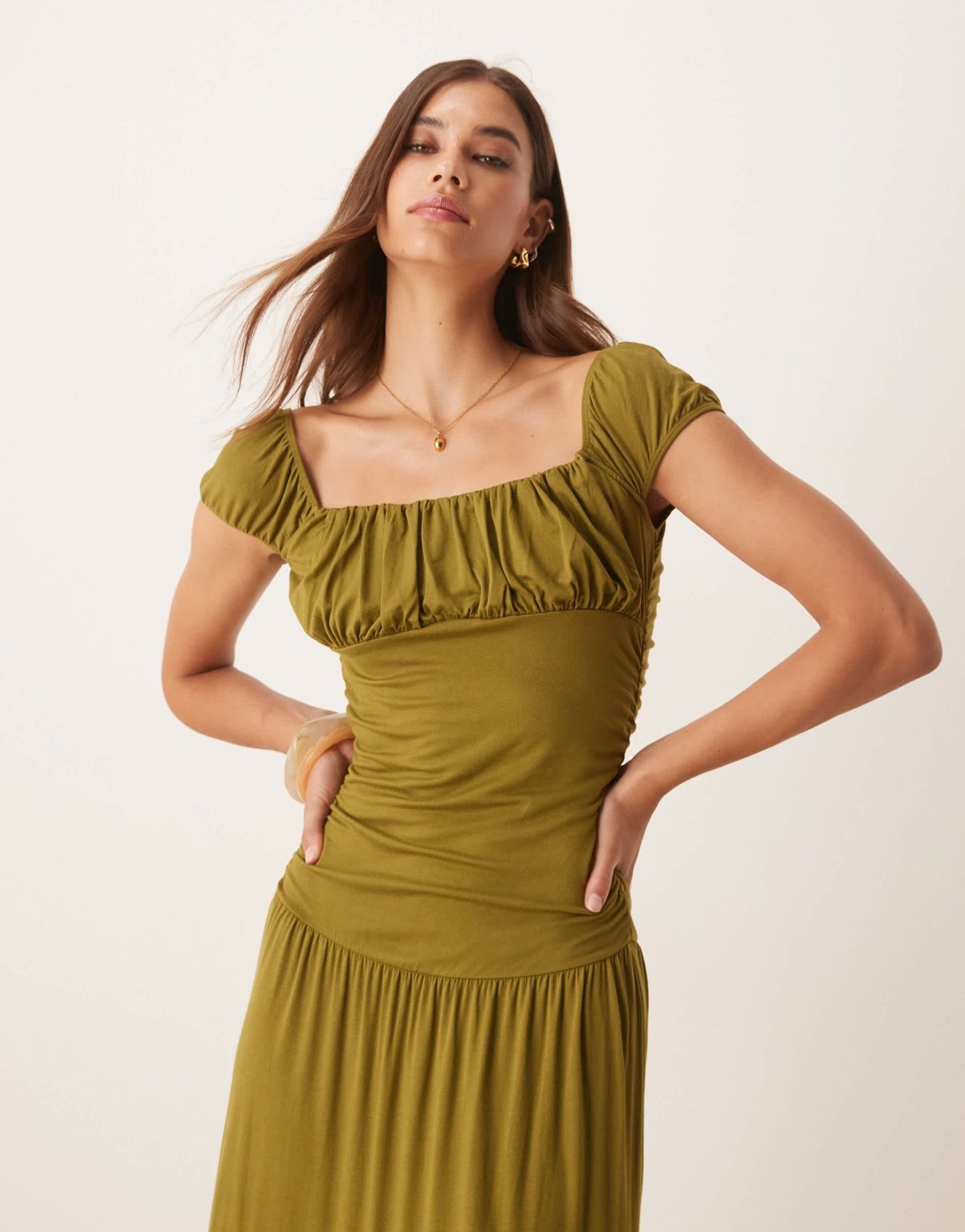 ASOS DESIGN square neck ruched bust praire tiered maxi dress in green - ASOS Sample Sale