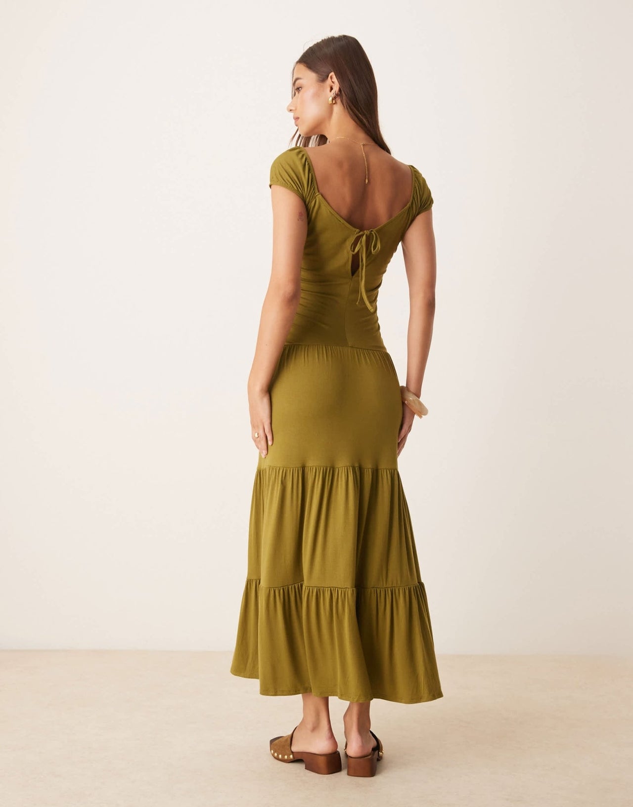 ASOS DESIGN square neck ruched bust praire tiered maxi dress in green - ASOS Sample Sale