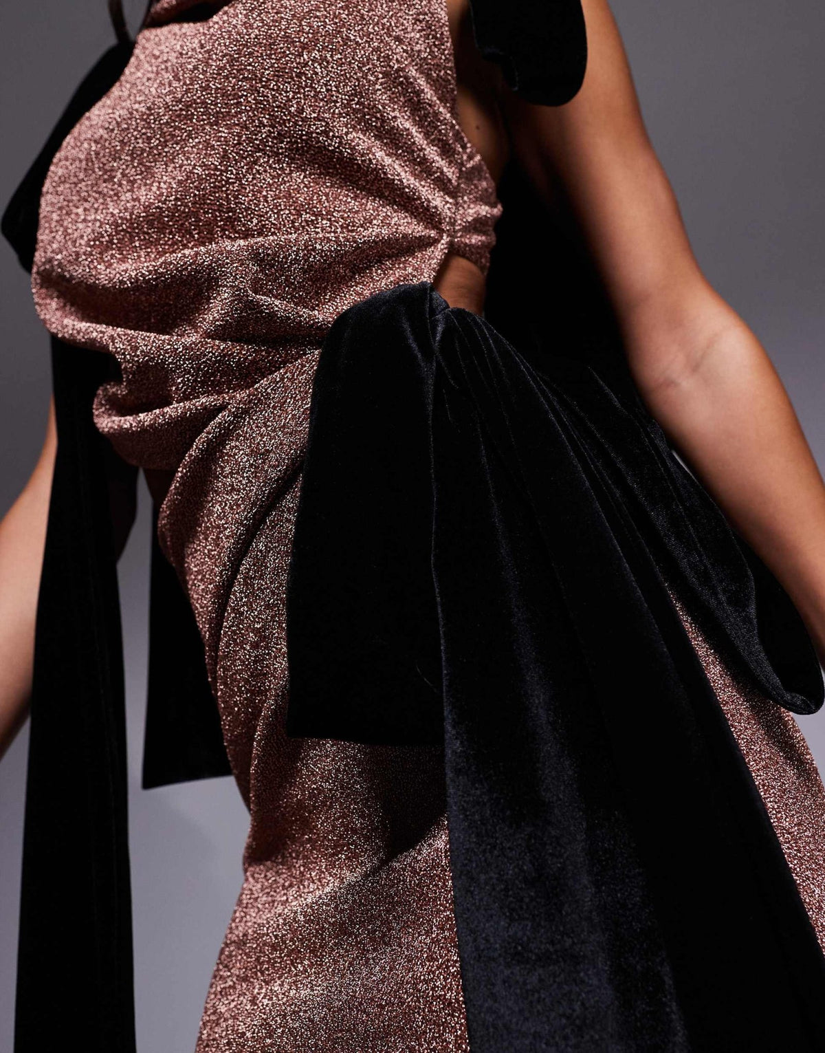 ASOS DESIGN square neck shimmer maxi dress with oversized velvet ties in bronze - ASOS Sample Sale