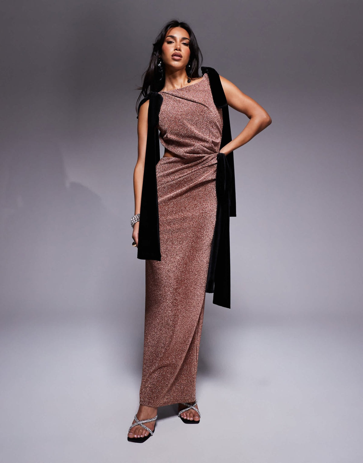 ASOS DESIGN square neck shimmer maxi dress with oversized velvet ties in bronze - ASOS Sample Sale