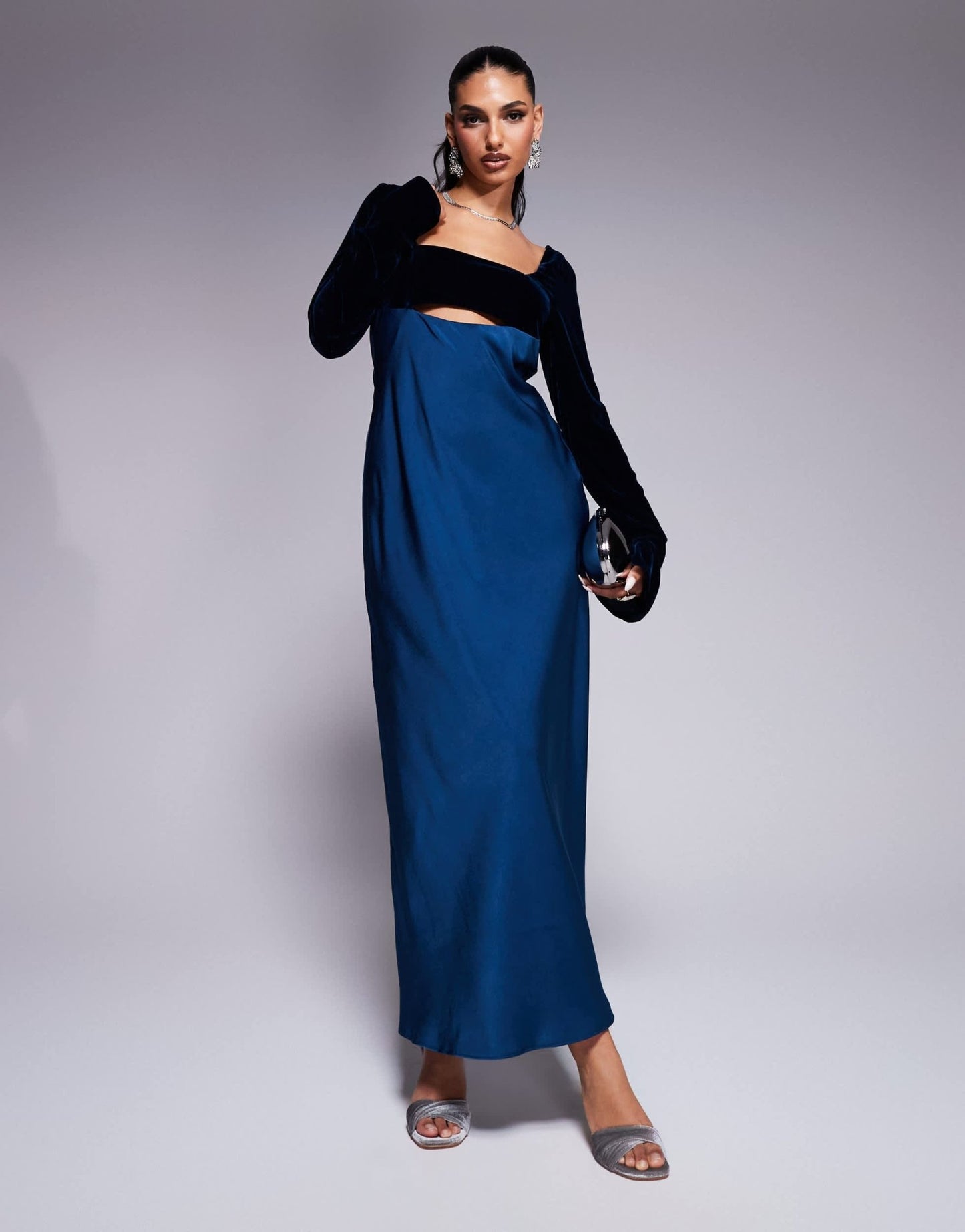 ASOS DESIGN square neck velvet satin mix midaxi dress with cut out in blue - ASOS Sample Sale