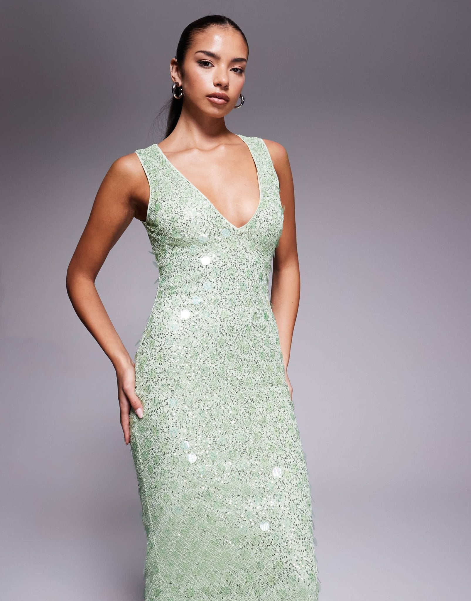 ASOS DESIGN statement embellished textured plunge maxi dress with mixed sequins in green - ASOS Sample Sale