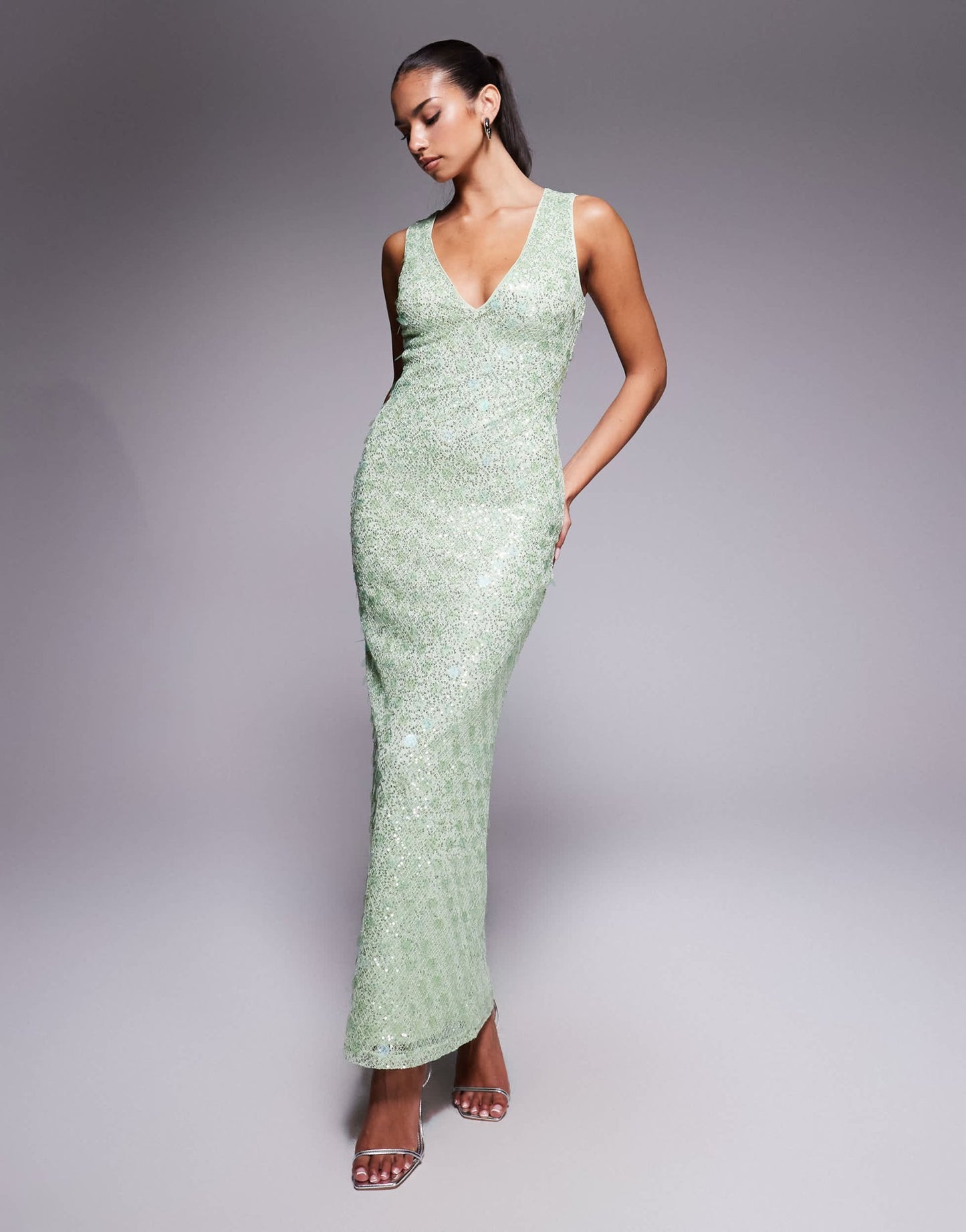 ASOS DESIGN statement embellished textured plunge maxi dress with mixed sequins in green - ASOS Sample Sale