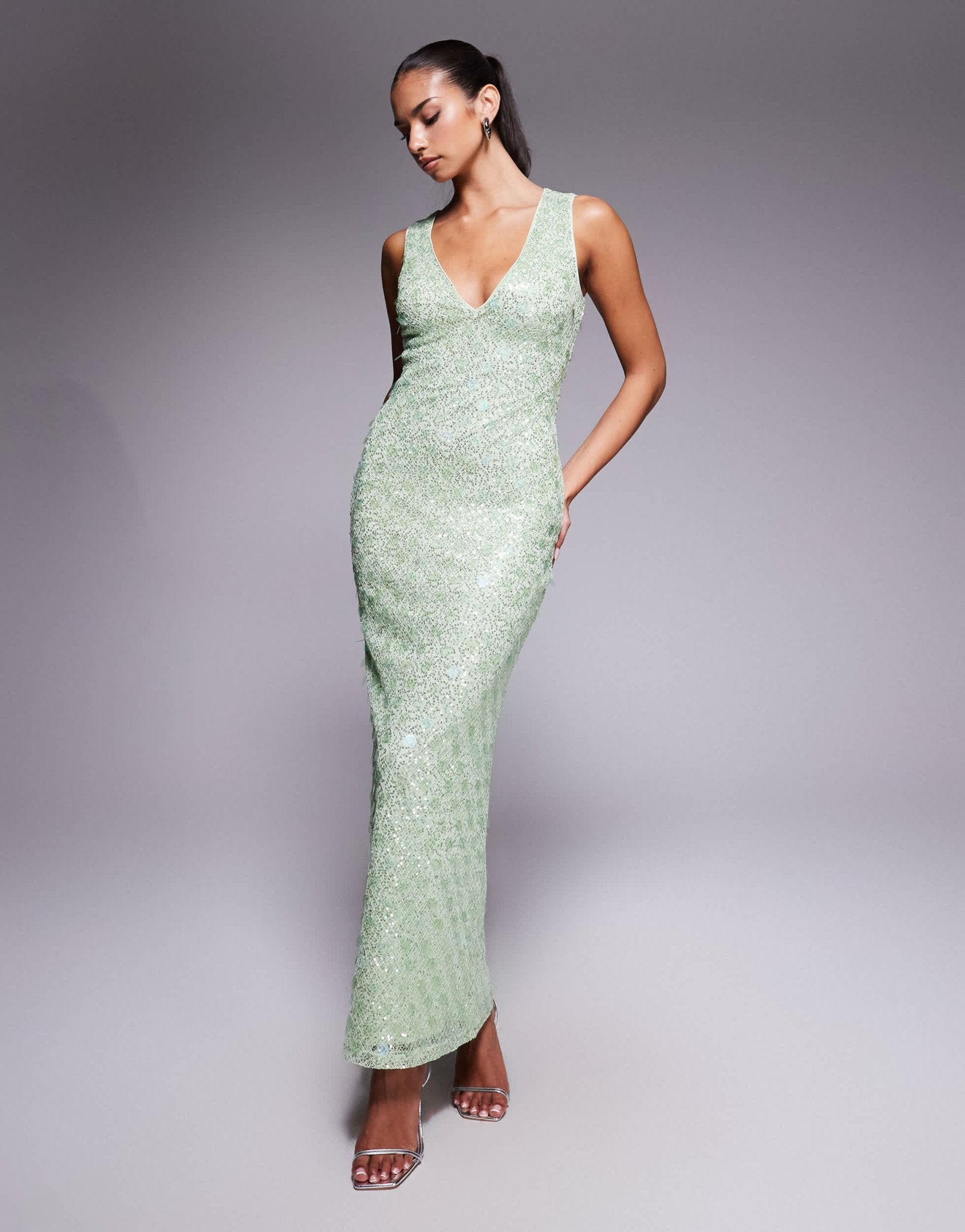 ASOS DESIGN statement embellished textured plunge maxi dress with mixed sequins in green - ASOS Sample Sale
