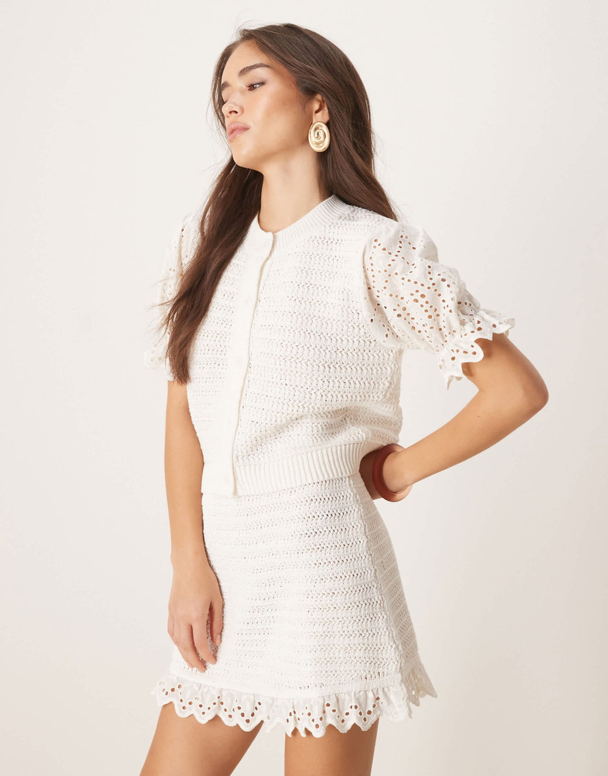 ASOS DESIGN stitch interest cardigan with woven sleeve co-ord in white - ASOS Sample Sale